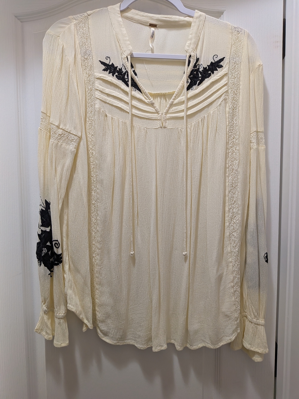 Free People Cream Peasant Blouse with Black Floral Embroidery